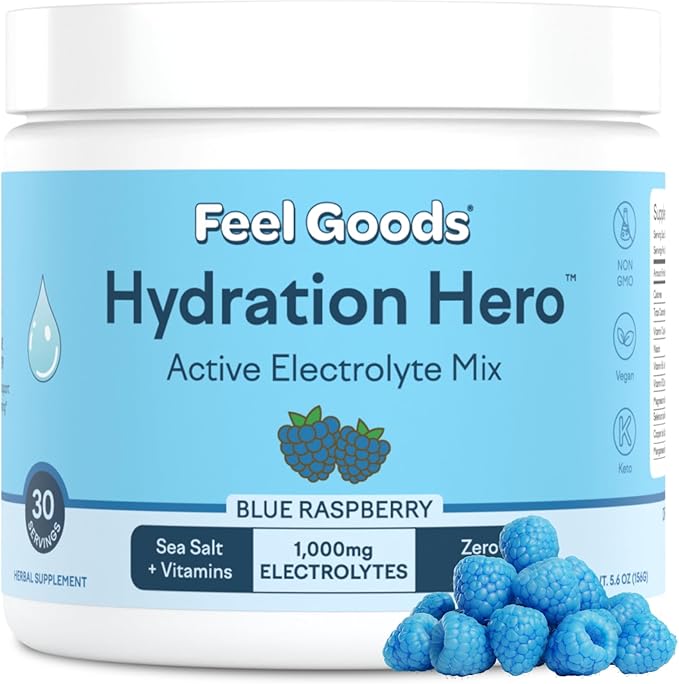 Feel Goods Hydration Hero, 1,000mg Electrolytes Powder, Sugar Free, Magnesium, Organic Aloe Vera, L Theanine, Vitamin C, B12, Keto, Vegan, Plant Based, Blue Raspberry, 30 Servings-VivaGrace Women
