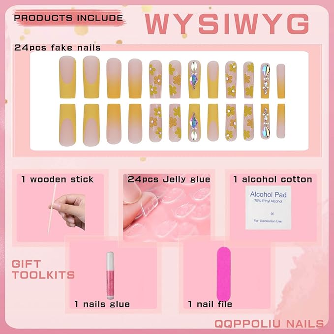 XL Press on Nails,Long Fake Nails Square Press on False Nails with Flower and Rhinestone Design Holiday Gift for Women 24pcs(Nude&Yellow)