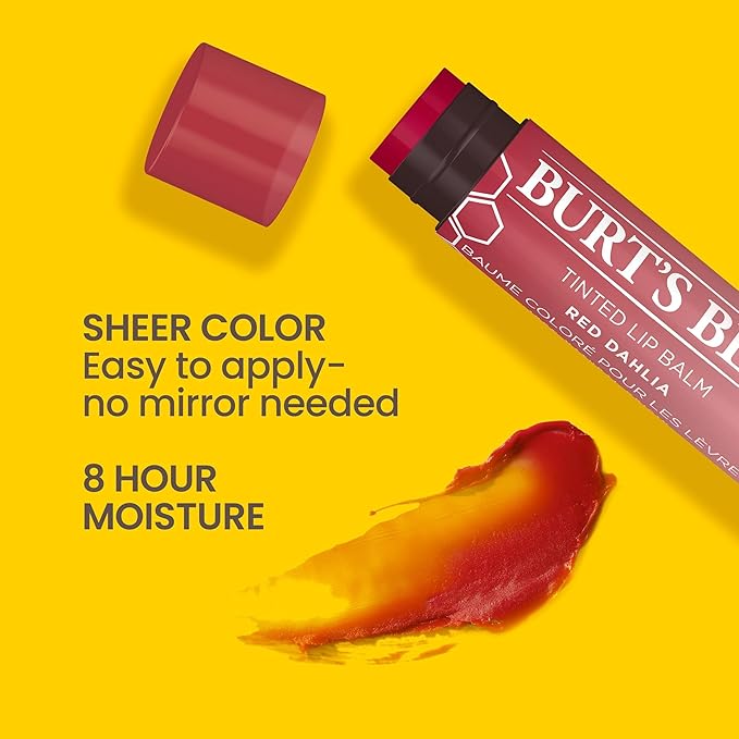 Burt's Bees Lip Tint Balm with Long Lasting 2 in 1 Duo Tinted Balm Formula, Color Infused with Deeply Hydrating Shea Butter for a Natural Looking Buildable Finish, Fiery Red Dahlia (2-Pack)-VivaGrace Women