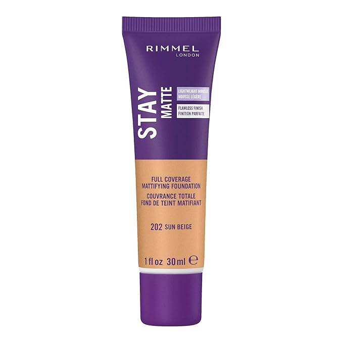 Rimmel London Stay Matte Liquid Mousse - 202 Sun Beige - Foundation, Lightweight, Shine Control, Oil-Free, 1oz-VivaGrace Women