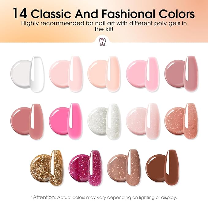 Poly Nail Gel Starter Kit -14 Colors + 75 Nail Art Accessories Kit,ROSALIND Clear Pink Nude Glitter Poly Nail Gel with Big UV Light 48W and Electric Nail Drill Starter Kit-VivaGrace Women