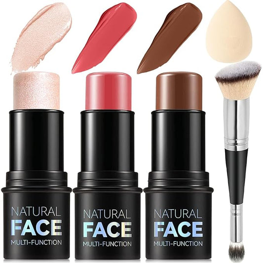 3Pcs Cream Contour Stick Makeup Kit, Shades with Highlighter Stick, Blush Stick and Bronzer Contour Stick for Sculpt the Cheeks, Long Lasting, Waterproof, Matte & Dewy Finish (LIGHT MEDIUM)-VivaGrace Women