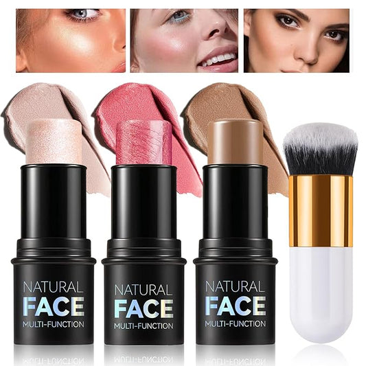 Highlighter Stick Cream Blush Stick Bronzer Contour Stick Makeup,3 PCS Cream Contour Kit with Contour Brush,Long Lasting & Professional Highlighters Makeup Stick for Beginner-VivaGrace Women