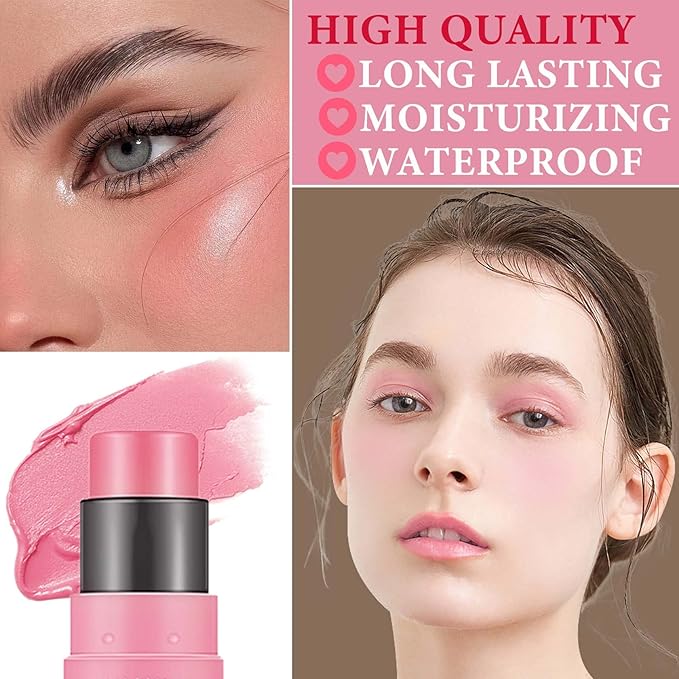 Cream Blush Stick,Blush Stick for Cheeks with Contour Brush,3-in-1 Long Lasting Waterproof Blush&Eye Shadow&Lip Gloss for Fair Skin Types（01 Milk Tea Pink）-VivaGrace Women