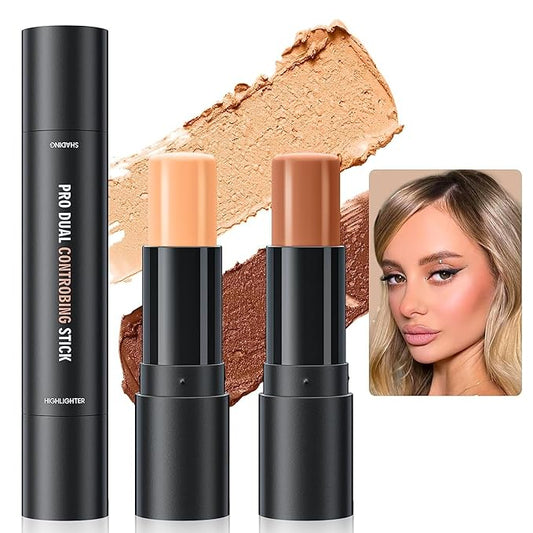 2023 Upgrade Contour Stick, 2 Colors Double-end Contour Highlighter Stick Contour Stick Face Highlighter Contour Makeup Contouring Sticks Cream Concealer (Natural, Netural Coffee)-VivaGrace Women