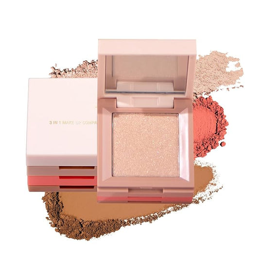 3 in 1 Contour Highlighter Blush Makeup Palette Kit, Matte Shimmer 3 Colors Highlighting Bronzing Blusher Eyeshadow Pallet, Long Lasting Full Face Eyes Contouring Shaping Makeup Set with Mirror-VivaGrace Women