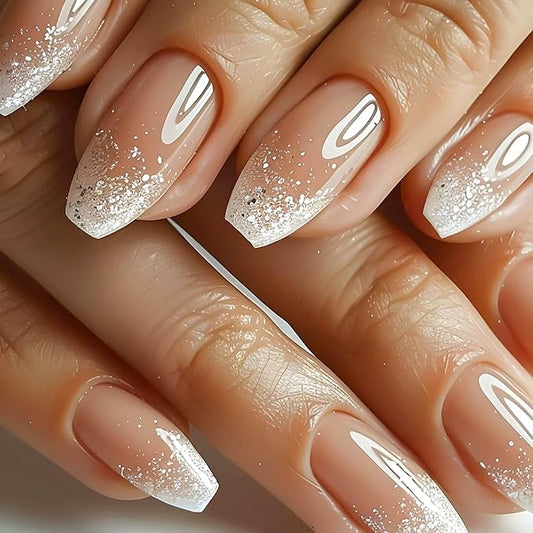 Coffin Press on Nails Medium Fake Nails White Ombre False Nails with Glitter Designs Medium Ballet Shaped Glue on Nails Glossy Artificial Nails Natural Stick on Nails for Women 24Pcs
