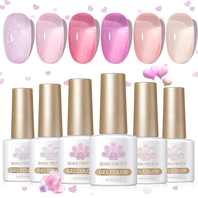 BORN PRETTY Jelly Gel Nail Polish Set,Sheer Nude Pink Natural Color Ice Transparent Tranlusent Gel Polish Kit for Salon Manicure and Nail Art DIY at Home 6PCS 7ml-VivaGrace Women