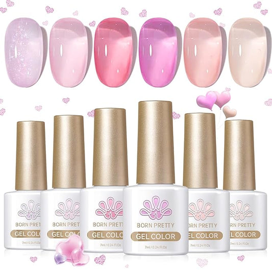 BORN PRETTY Jelly Gel Nail Polish Set,Sheer Nude Pink Natural Color Ice Transparent Tranlusent Gel Polish Kit for Salon Manicure and Nail Art DIY at Home 6PCS 7ml-VivaGrace Women