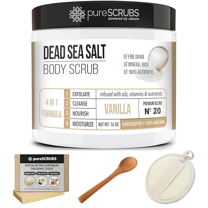 pureSCRUBS Premium Vanilla Body Scrub Set - Large 16oz Dead Sea Salt Body Scrub With Infused Essential Oils & Nutrients, Includes Wooden Spoon, Loofah & Oatmeal Exfoliating Bar Soap-VivaGrace Women