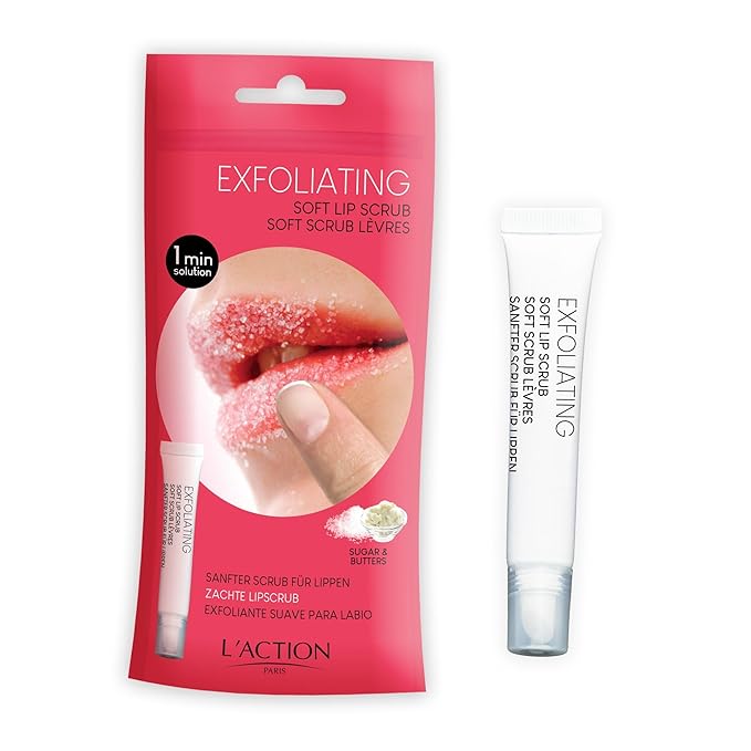 L'Action Paris Exfoliating Soft Lip Scrub, Smooth and Plumped Lips, Sugar Crystals for Gentle Exfoliation, Slanted Applicator, Soothing Shea and Mango Butter Formula 12ml-VivaGrace Women