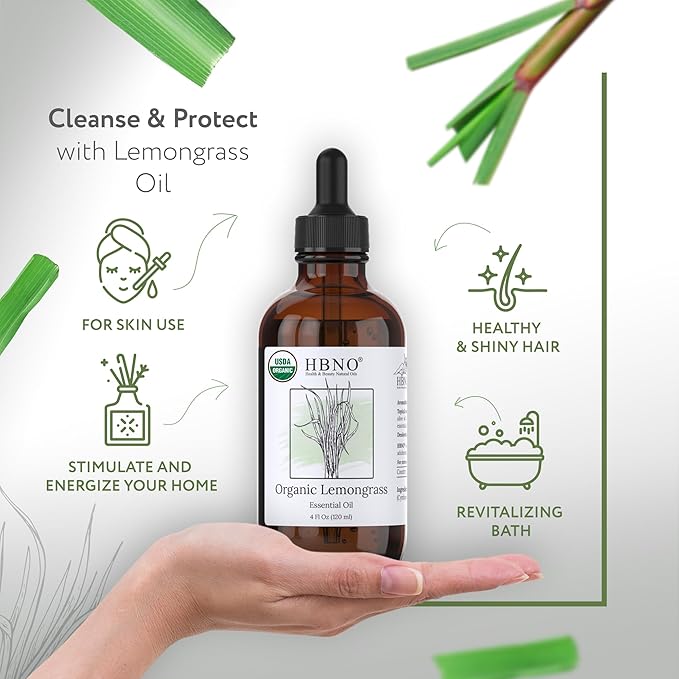HBNO Organic Lemongrass Essential Oil - Huge 4 oz (120ml) Value Size - USDA Certified Organic Lemongrass Essential Oil, Perfect for Aromatherapy, Soap Making, DIY, Diffuser-VivaGrace Women