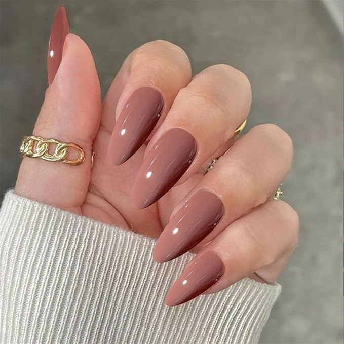 Brown Press on Nails Medium Almond Fake Nails with Designs Glossy Stick on Nails Full Cover False Nails Glue on Acrylic Nails for Women and Girls