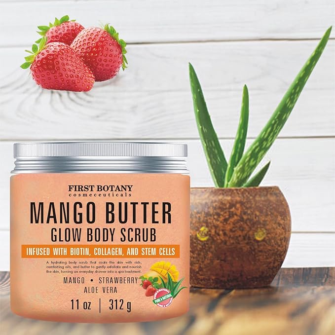 Mango Butter Body Scrub Exfoliator Biotin, Collagen, Stem Cells - Natural Exfoliating Salt Scrub & Body and Face Souffle helps with Moisturizing Skin, Acne, Cellulite, Dead Skin Scars, Wrinkles- 11 oz-VivaGrace Women