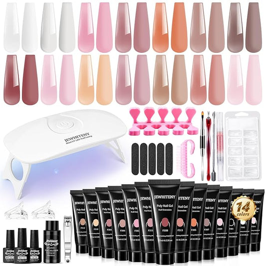JEWHITENY Poly Extension Gel Nail Kit 14 PCS Poly Gel Kit with Slip Solution and Mini Lamp Nail Art Design Beginner-VivaGrace Women