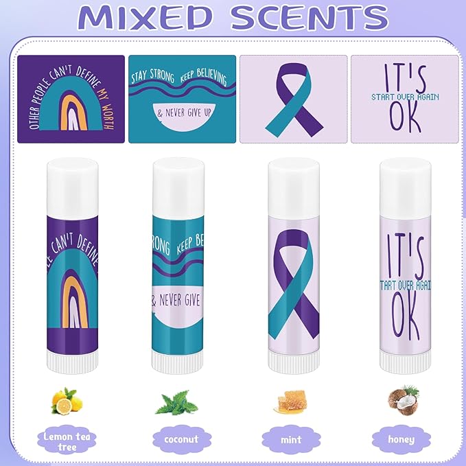 Fumete 50 Pcs Suicide Prevention Awareness Lip Balm Bulks Purple Teal Ribbon Lip Balm Mental Health Care Gift for Suicide Prevention Awareness Inspirational Favor Charity Campaign Supplies-VivaGrace Women