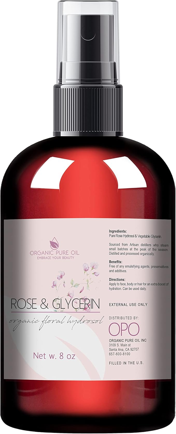 Rosewater Glycerin Mist Toner Bulk Spray Facial Body Floral Cleanser 100% Pure Rose Hydrosol and Vegetable Glycerine Moisturizing Cleansing Toning Mix for Face Skin Hair Body (8 Ounces)-VivaGrace Women