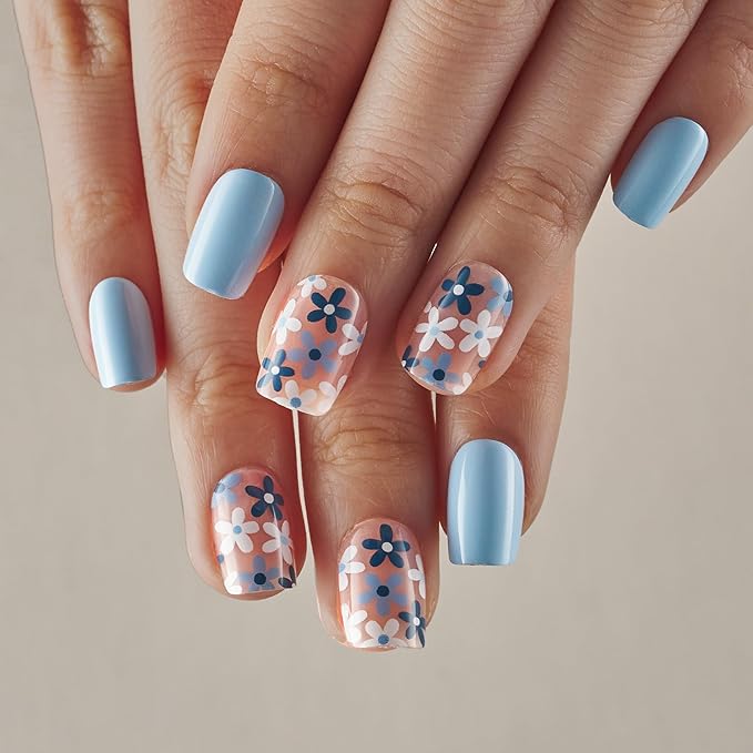 Curvlife Press on Nails Acrylic Fake Nails with Design Full Cover False Nails Reusable Nail Kit with Nail Glue Adhesive Tabs Nail File Artificial Glue on Nails (azure blue flower, 30pcs)