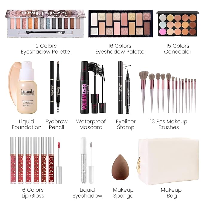 Makeup Present Set for Teen Girl Women, Travel Makeup Kit, Makeup Full Kit for Beginner, Makeup Bundle Include 2 Matte & Shimmer Eyeshadow Palettes, Liquid Glitter Eyeshadow & Eyeliner-VivaGrace Women