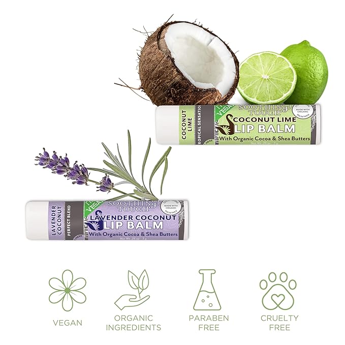 Vegan Lip Balm Set - Pack of 6 Soothing Touch Lip Balms. Includes Muslin Pouch and Lip Balm Holder (White): Lavender Coconut, Vanilla Chai, Vanilla Rose, Coconut Lime, Lemon Cardamom, Grapefruit-VivaGrace Women