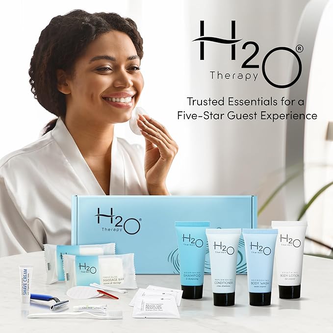 H2O Therapy Amenity & Accessory Kit | 0.85 oz Travel Size Shampoo, Conditioner, Lotion, Body Wash, Massage Bar, Cleansing Bar, Shave & Dental Sets, Make-Up Remover Wipes, & Vanity Kit | 15 sets/case-VivaGrace Women