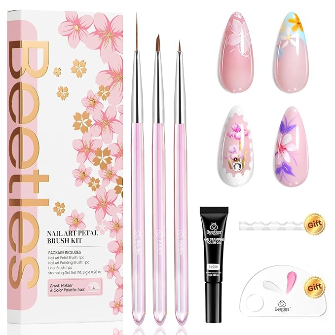 Beetles Nail Art Brushes Set for Gel Polish 3 Pcs Nail Art Design Pen and One White Painting Gel All-in-One Petal Brush Kit Flower DIY with Palette Dotting Manicure Tool Set-VivaGrace Women
