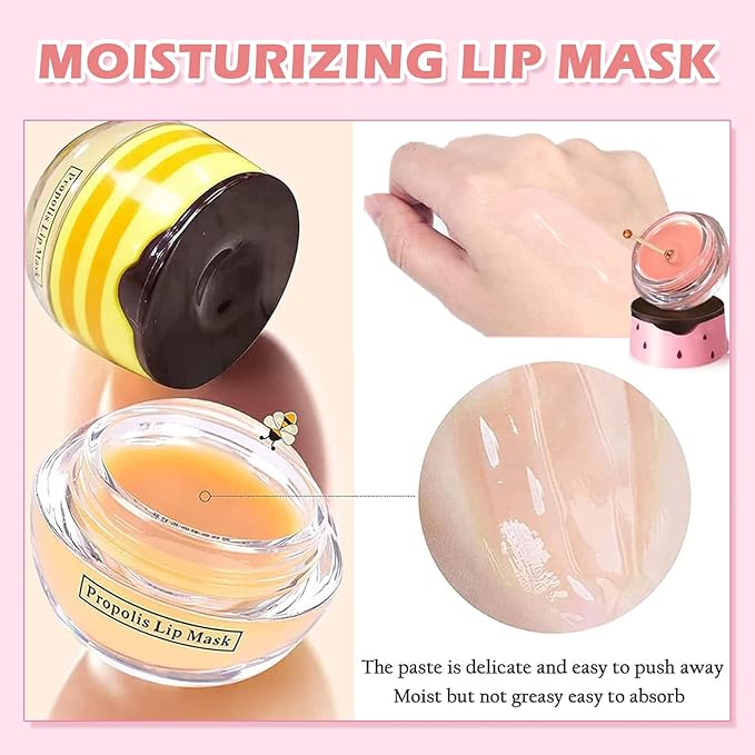 4 PCS Bee Lip Balm Honey Pot,Strawberry&Honey&Watermelon&Apple Lime Lip Sleeping Mask,Hydrating Prevention Dry and Cracked Lip Scrubs Exfoliator Lip Care,Moisturizing Lip Mask Overnight-VivaGrace Women