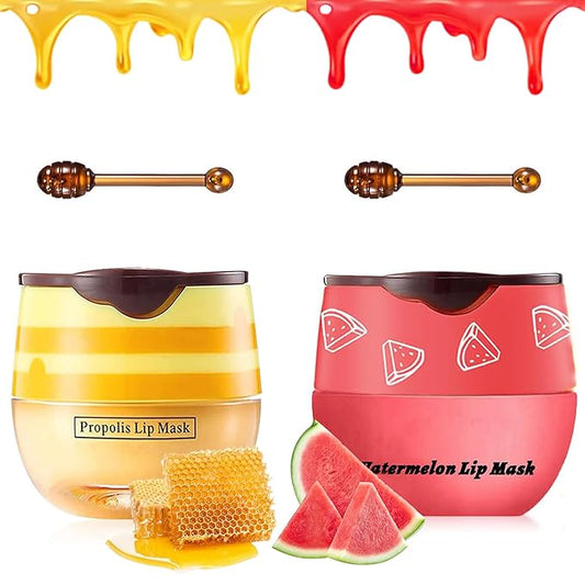 2 PCS Bee Lip Balm Honey Pot, Honey & Watermelon Lip Sleeping Masks Overnight, Hydrating Prevention Dry and Cracked Lip Scrubs Exfoliator Lip Care, Reduces Lip Lines-VivaGrace Women