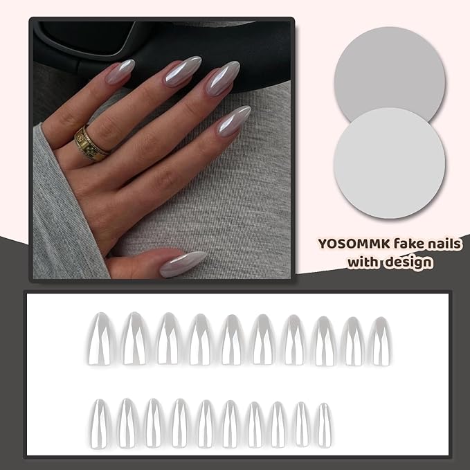 Medium Fake Nails Almond Press on Nails with Chrome Designs Glossy False Nails Grey Stick on Acrylic Nails for Women and Girls