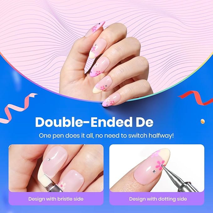 Beetles Nail Art Brushes, 8pcs Double-headed Nail Art Tool Set, Nail Dotting Tools, Striping Nail Art Brushes for Lines, Nail Drawing Pen with Bow knot Stickers Gift for Women-VivaGrace Women