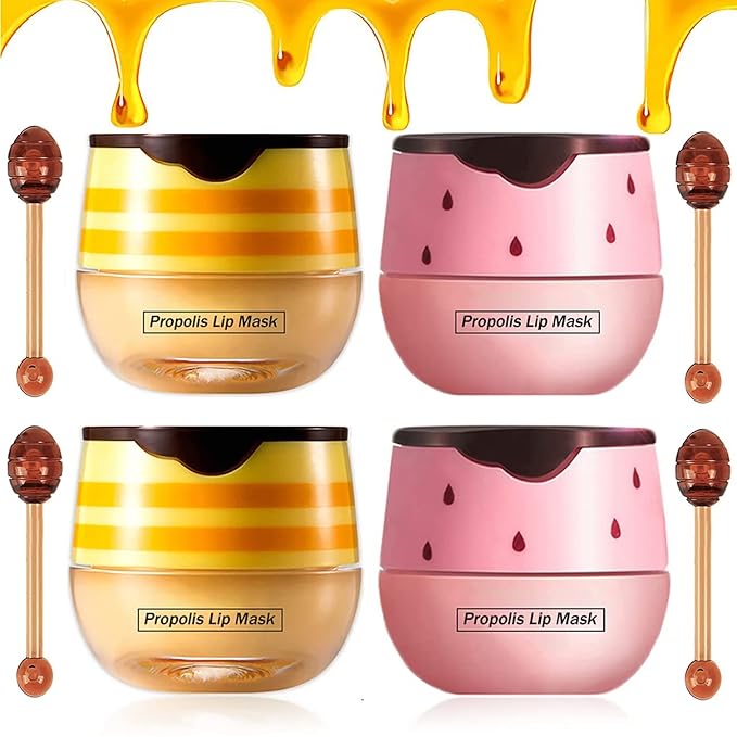 4PCS Nourishing Bee Lip Balm Honey Pot, Honey & Strawberry Lip Mask Moisturizing Lip Balm with Brush, Hydrating & Prevention Dry and Cracked Lips Reduces Lip Lines Lip Care Product-VivaGrace Women