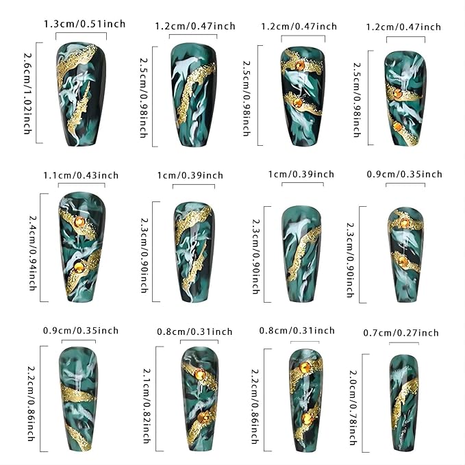 Medium Press-on Nails - Green Acrylic False Nails with Rhinestones & Glitter, Marble Pattern, Artificial Stick-on Nails for Women