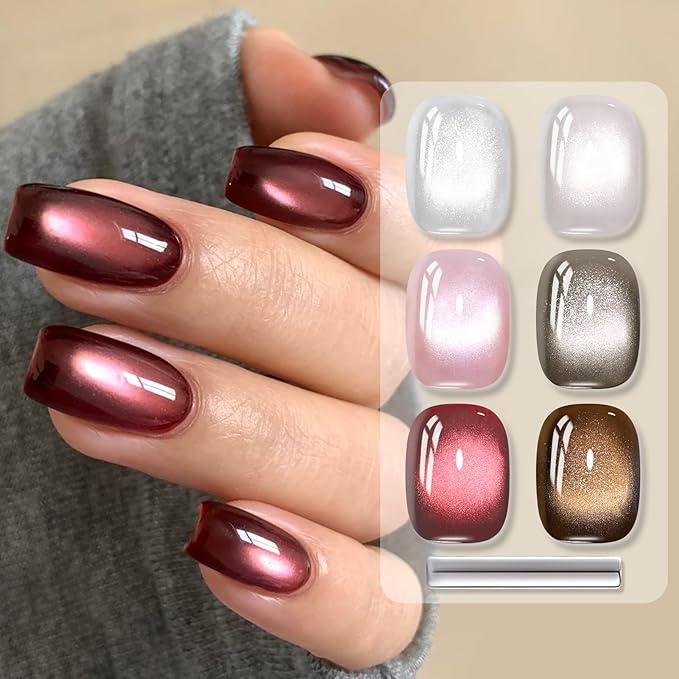 Born Pretty Cat Magnetic Eye Gel Nail Polish, 6 Colors Retro Magnetic Glitter Gel Polish Set Silver Pink Red Nail Polish Kit Soak Off LED Nail Art DIY Salon Gift-VivaGrace Women