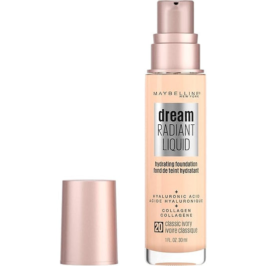 Maybelline Dream Radiant Liquid Medium Coverage Hydrating Makeup, Lightweight Liquid Foundation, Classic Ivory, 1 Count-VivaGrace Women