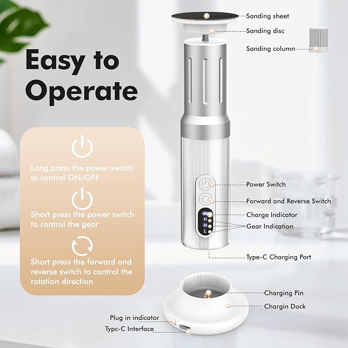 Electric Foot Callus Remover Cordless Electric Foot Filer Kit with 6Speeds Chagring Dock Callus Remover for Women Men Feet and Nail (White)-VivaGrace Women