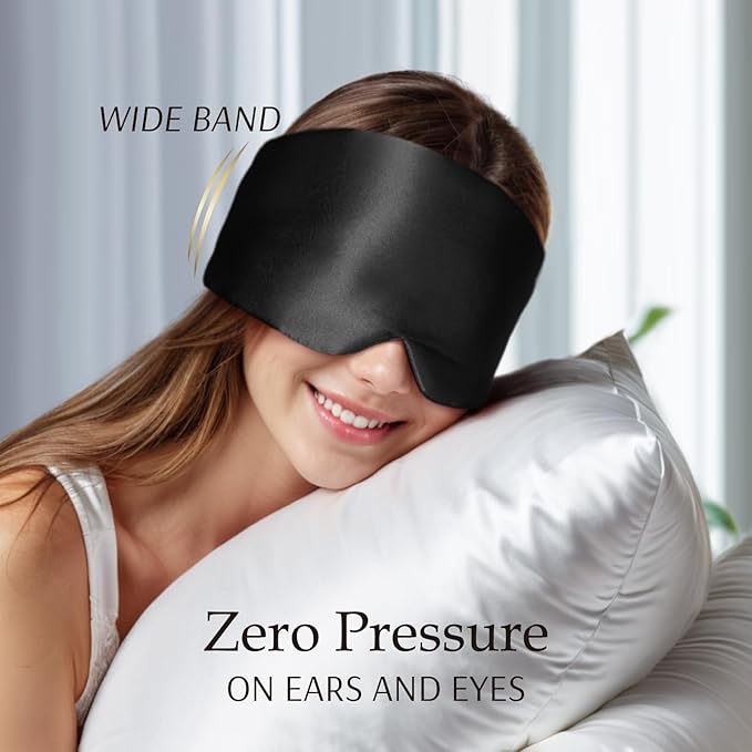 Zenssia 100% Mulberry Silk Sleep Mask Eye Mask for Man and Woman with Adjustable Headband, Full Size Large Sleep Mask & Blindfold for Total Blackout for All Night Sleep, Travel & Nap- Black-VivaGrace Women