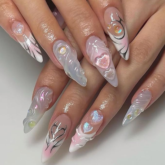 French Tip Press on Nails Medium Almond Fake Nails with 3D Heart Designs Glossy Y2K Full Cover False Nails Sliver Swirl Glue on Acylic Nails for Women