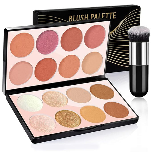 16 Colors Blush Contour Highlighter Makeup Palette, All-in-One Shimmer Silky Matte Mineral Blush Powder Palette, Face Sculpting Bronzer Blusher Illuminator Palette for a Natural Glowing-VivaGrace Women