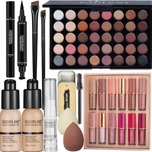 All in One Makeup Gift Kit, Includes 40 Colors Eyeshadow Palette, SIGHTLING Foundation & Face Primer, Winged Eyeliner Stamp, Lipstick Set, Eyebrow Soap, Makeup Sponge for Women Full Kit-VivaGrace Women