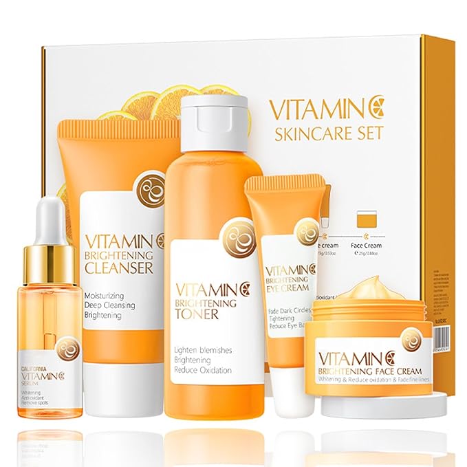 Vitamin C 5-Piece Skincare Set with Cleanser, Toner, Serum, Eye Cream and Face Cream for Skin Brightening skin care set skincare gift set skin care set for Unisex Adult-VivaGrace Women