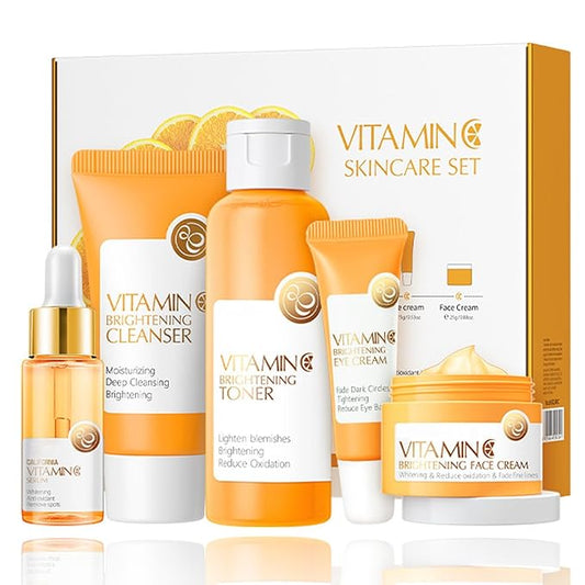 Vitamin C 5-Piece Skincare Set with Cleanser, Toner, Serum, Eye Cream and Face Cream for Skin Brightening skin care set skincare gift set skin care set for Unisex Adult-VivaGrace Women