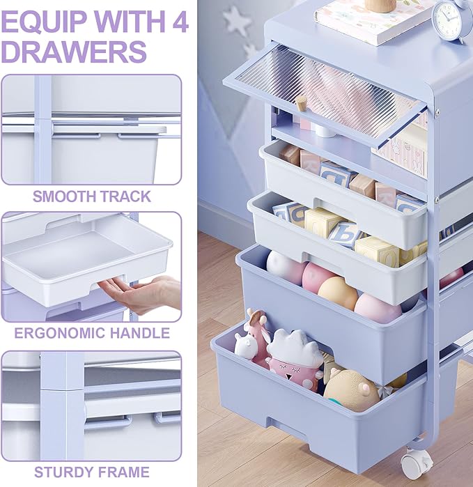 Utility-Rolling-Storage-Drawer-Craft-Cart-Organizers with 4 Drawers & Dust-Proof Door for Kid Craft Art Room,Bedroom,Home Office, Lavender Purple-VivaGrace Women