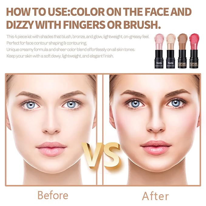 4PCS Contour Stick - Highlighter And Cream Blush Stick 4 Colors Kit - Moisturizer, Face Brightens & Shades Pencil, Facial Shaping Makeup Sticks for Older Women & Mature Skin-VivaGrace Women
