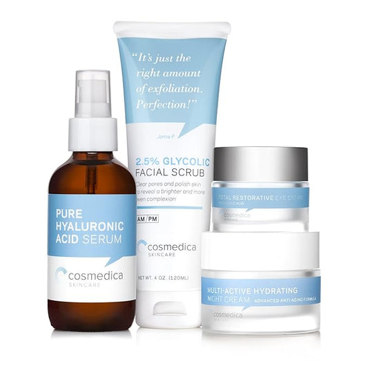 Complete Skincare Kit- Hyaluronic Acid Serum (4 Ounce), Glycolic Facial Scrub (4 Ounce), Multi Active Hydrating Night Cream and Total Restorative Eye Cream-VivaGrace Women