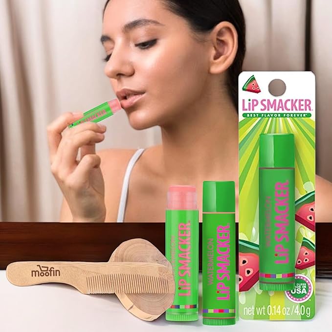 Lip Smacker Water melon Flavored Balm, Glossy Balm for Soft, Shiny s, gloss Hydrating Clear Shine, Built in USA, Bundle with Moofin Wooden Comb, skin care [Pack of 2]-VivaGrace Women