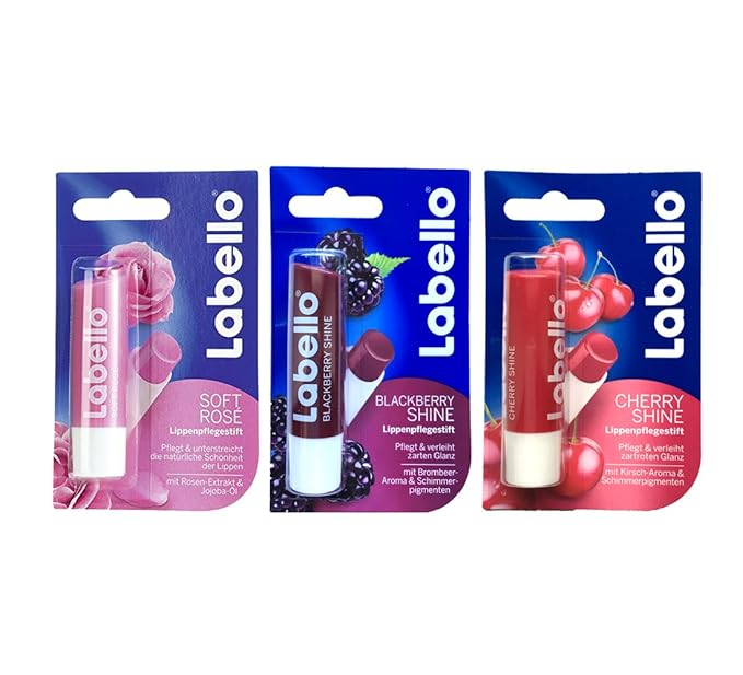 Labello Soft Rose, Labello Blackberry Shine, Labello Cherry Shine Lip Balm Bundle-VivaGrace Women