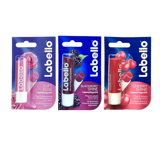 Labello Soft Rose, Labello Blackberry Shine, Labello Cherry Shine Lip Balm Bundle-VivaGrace Women