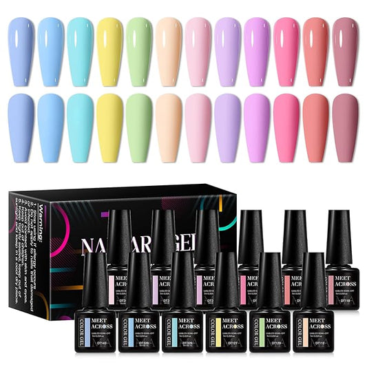 MEET ACROSS 12pcs Gel Nail Polish Set,Soak Off UV LED Lamp Gel Nail Polish Kit,Fashion Shimmer Nail Art Design Gifts for Women Manicure Salon (Makaron series)