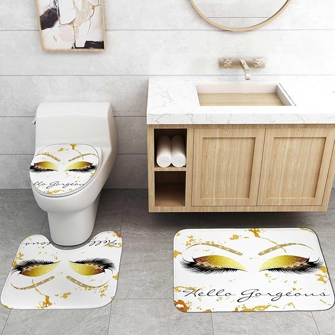 4PCS Hello Gorgeous Unicorn Eyelash Shower Curtain Set with Rugs, Luxury Diamond Gold Glitter Eyebrow Eyeshadow Makeup White Marble Glam Modern Fashion Women Bathroom Decor, Hello Gorgeous-VivaGrace Women