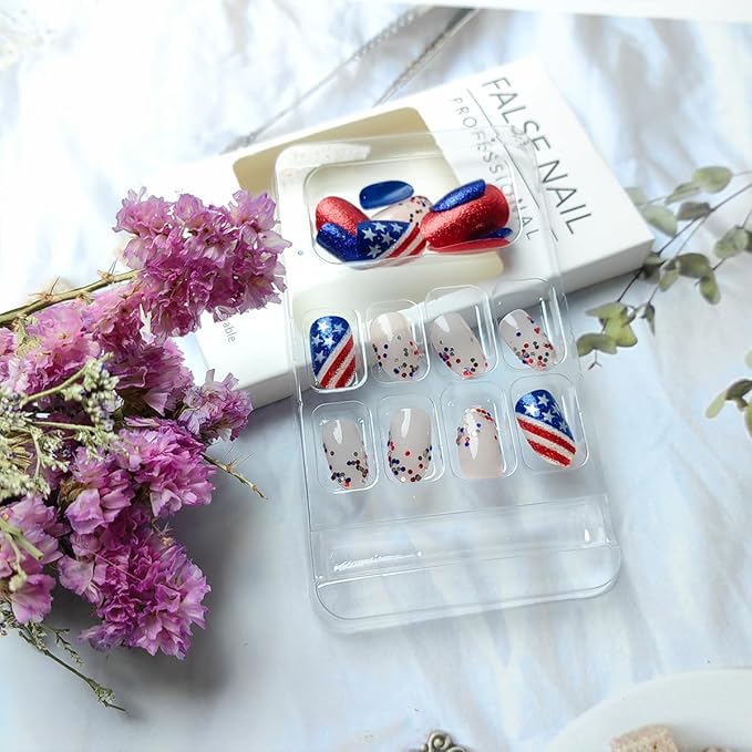 24Pcs 4th of July Press on Nails Short Almond Fake Nails Independence Day Flag with Glitter Star Sequin Design Acrylic Glue on Nails Blue False Nails for Women Girls 4th of July Nails Decoration